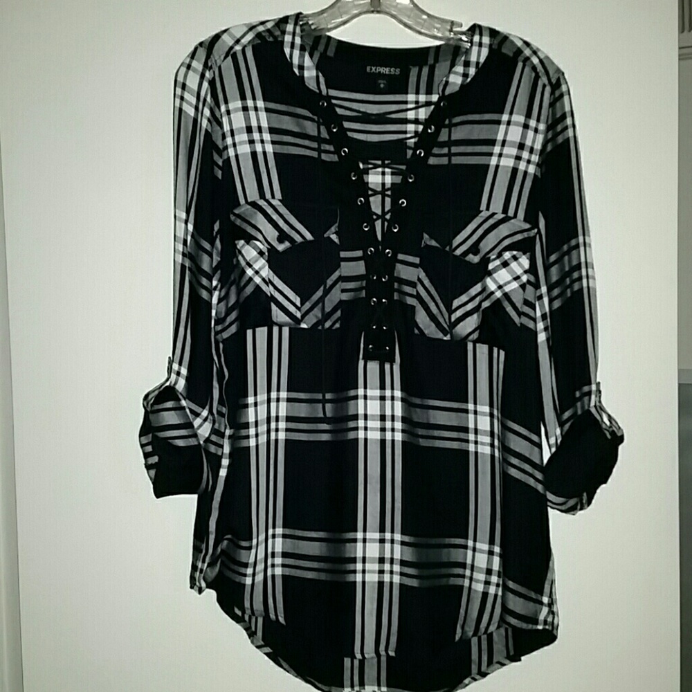 Express Flannel Lace Up Roll Tab Shirt